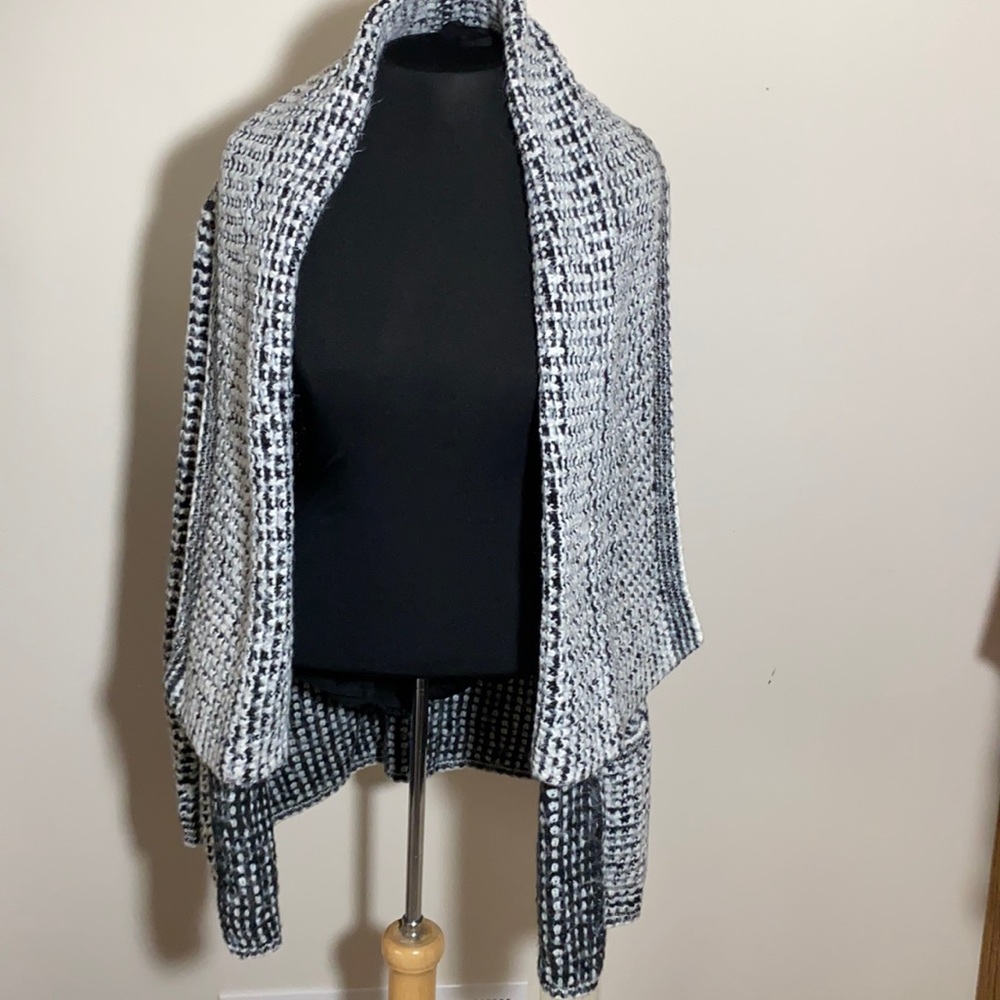 Altar’d state open front cardigan sweater plaid check M black white cozy fuzzy